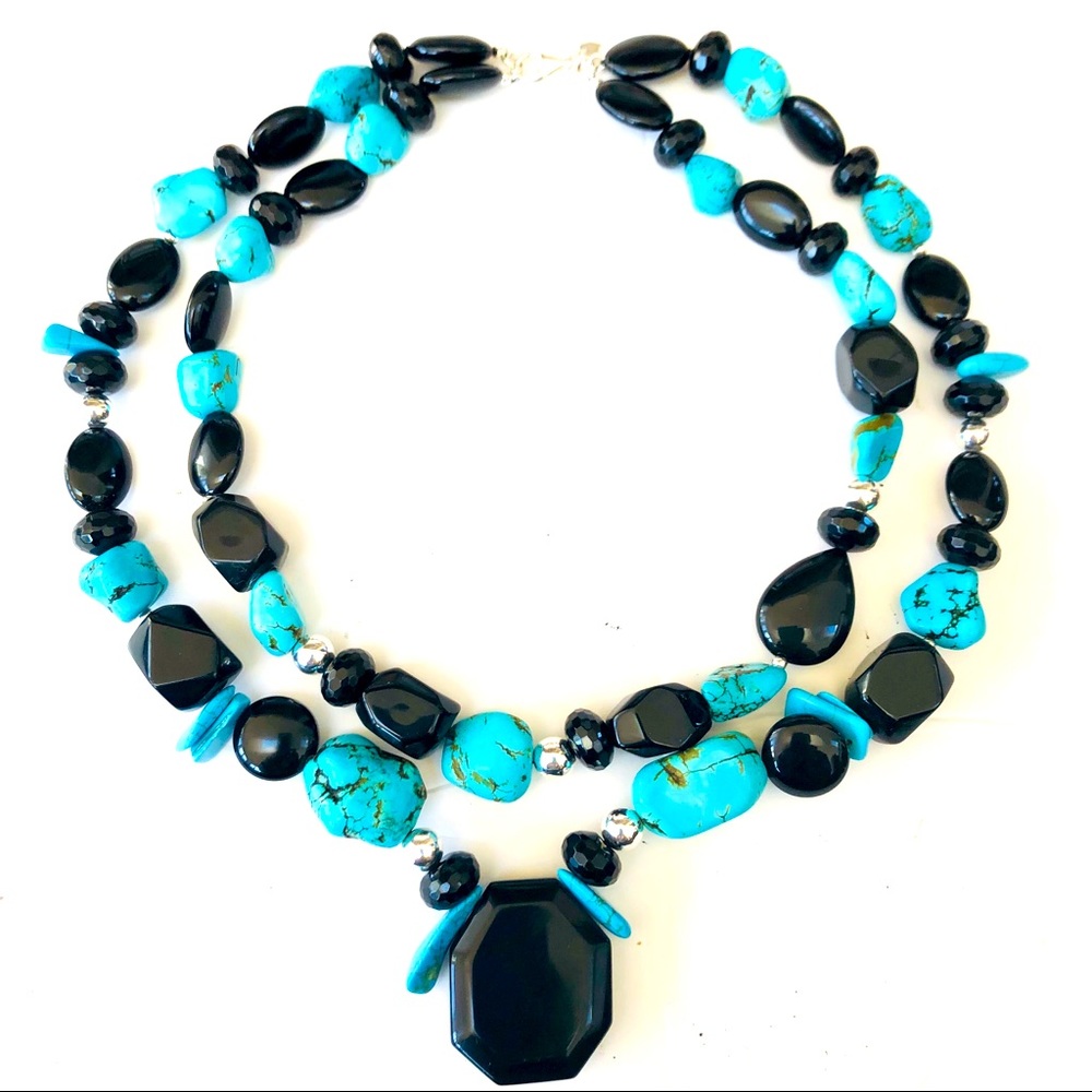 Black onyx and turquoise colored 2 tier necklace